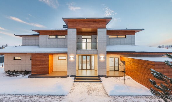 Modern house exterior at dusk